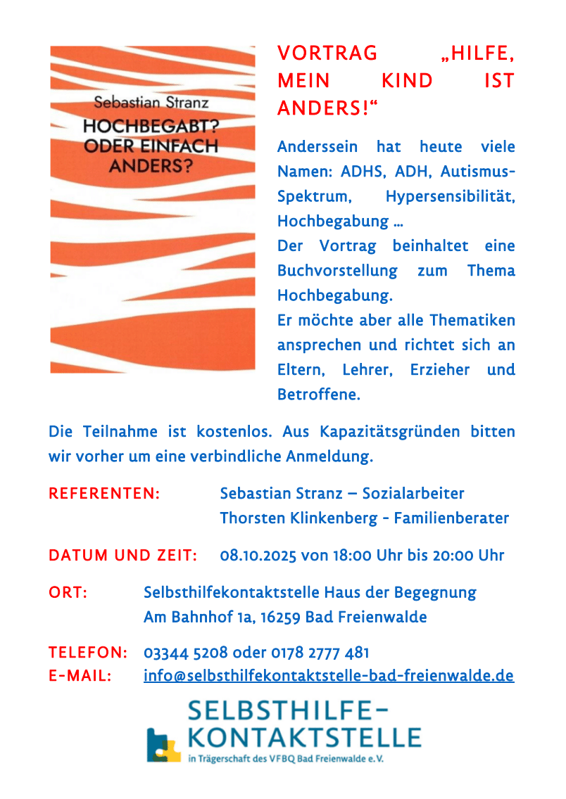 Vortrag "Hilfe, mein Kind ist anders!" ADHS, ADH, Autismus-Spektrum, HSP oder andere/sonstige Neurodivergenz als Verdacht oder Diagnose